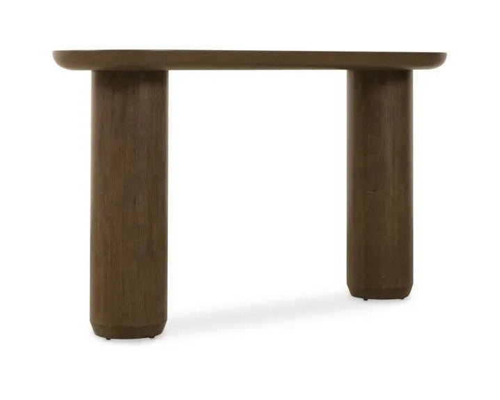 Wooden table with cylindrical legs on a white background