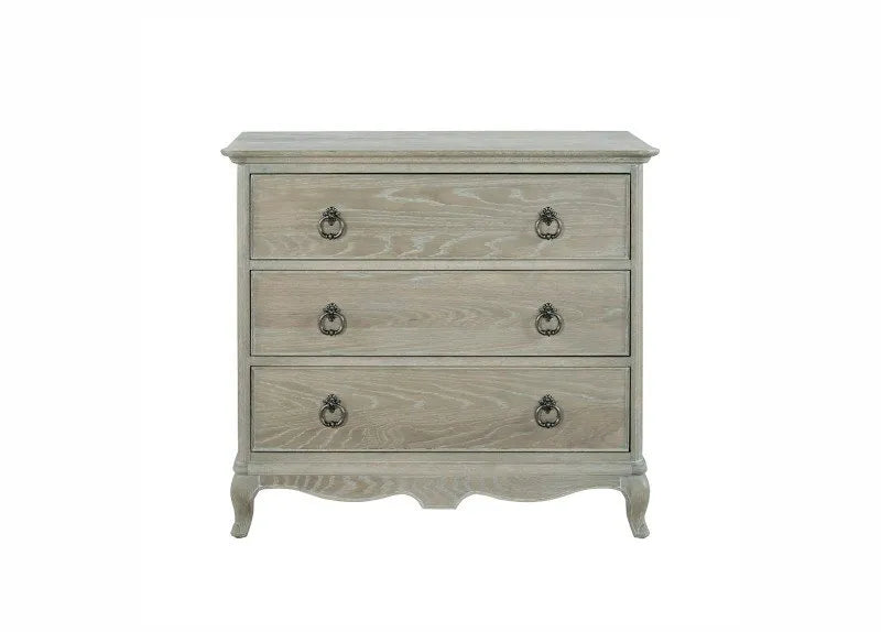 Wooden dresser with three drawers on a white background