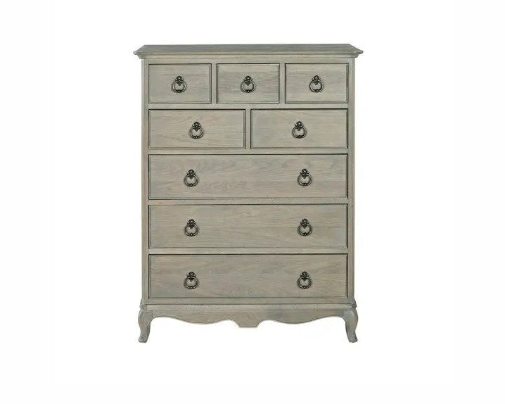 Vintage-style dresser with multiple drawers on a white background