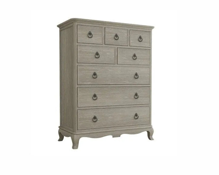 Wooden dresser with multiple drawers on a white background