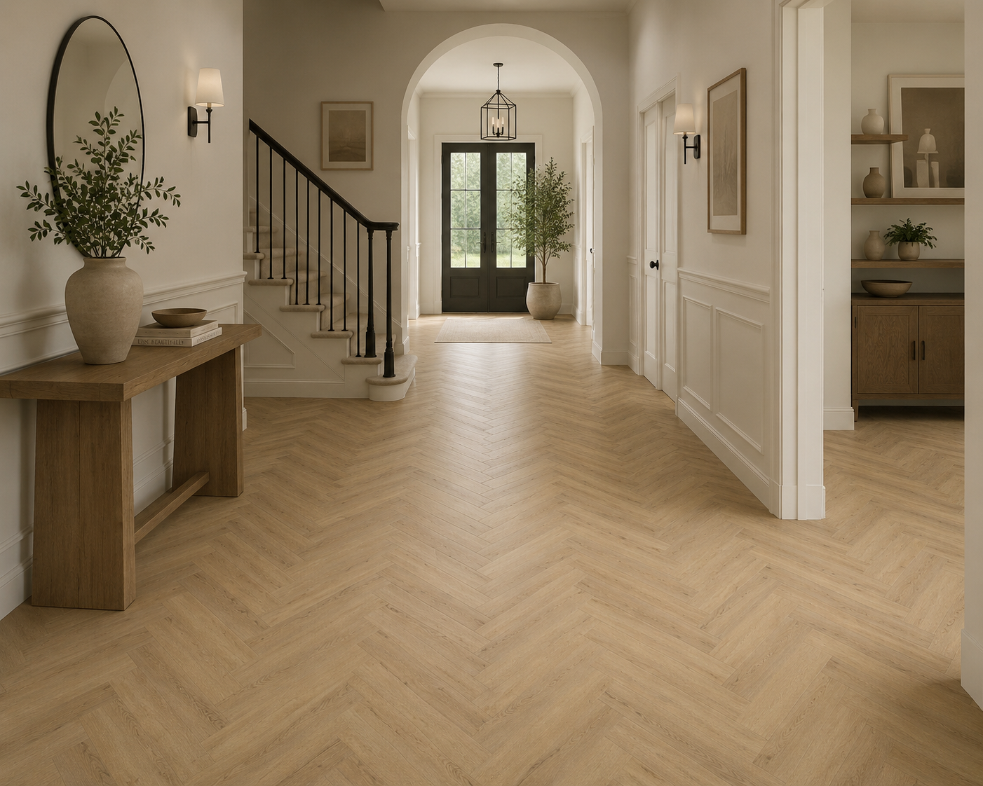 A bright, modern hallway with light beige herringbone wood flooring, white walls with wainscoting, a wooden console table with a vase, and a staircase on the left.