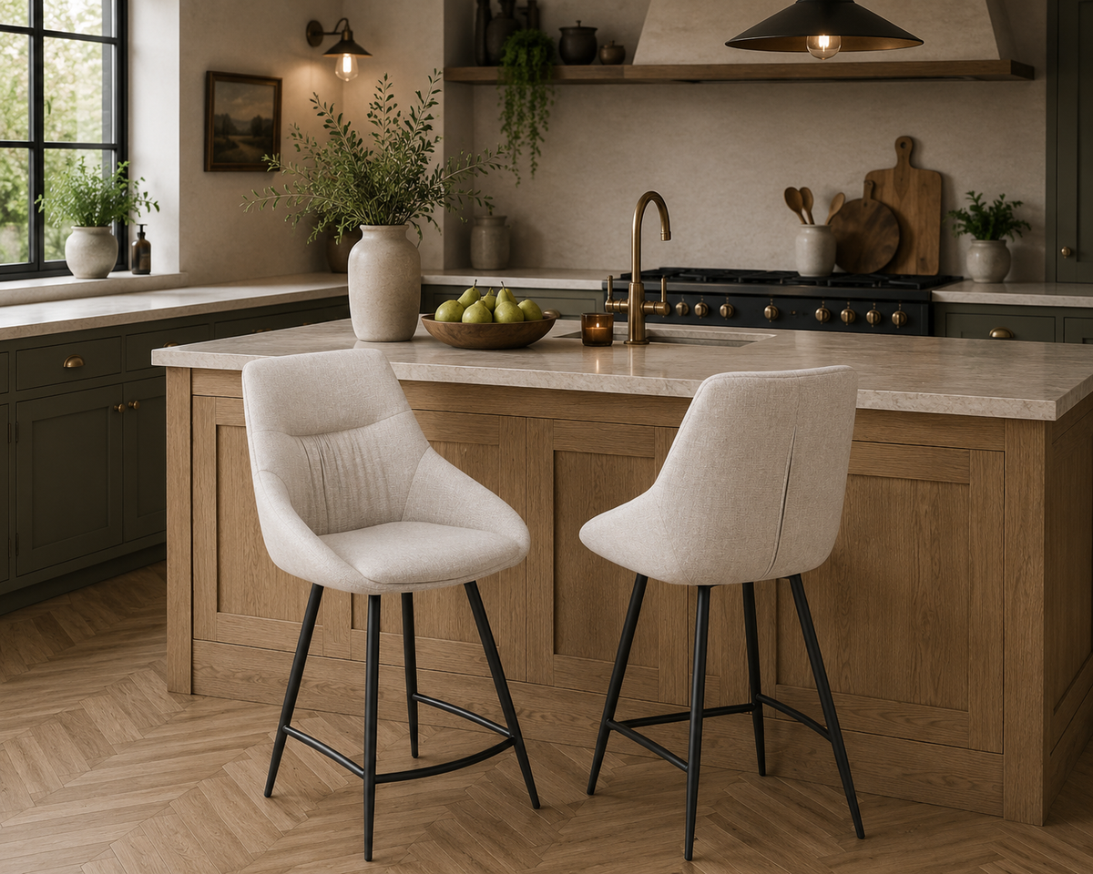 Modern kitchen with wooden island, bar stools, and various decor elements.