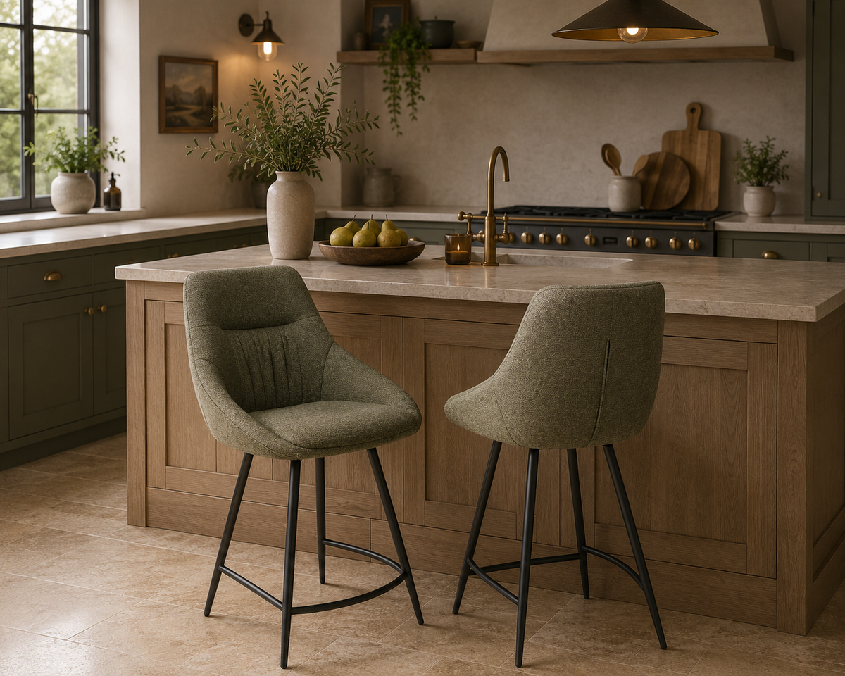 Modern kitchen with wooden island, bar stools, and decorative elements.
