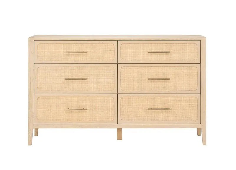 Beige dresser with six drawers on a white background