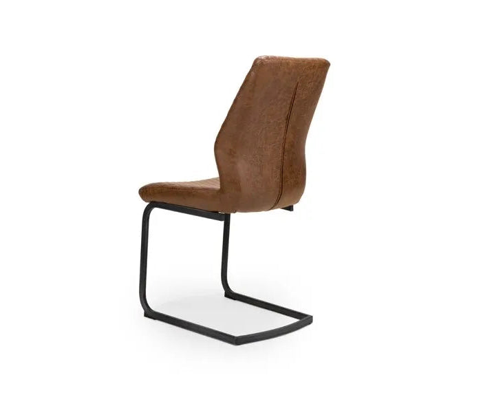 Brown upholstered chair with a black metal frame on a white background