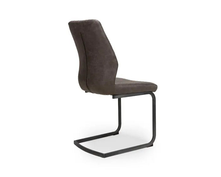 Brown upholstered chair with black metal frame on a white background