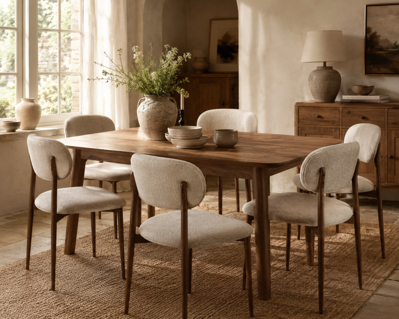 Six Etta beige fabric dining chairs arranged around a wood dining table in a warm Cotswold-style dining room