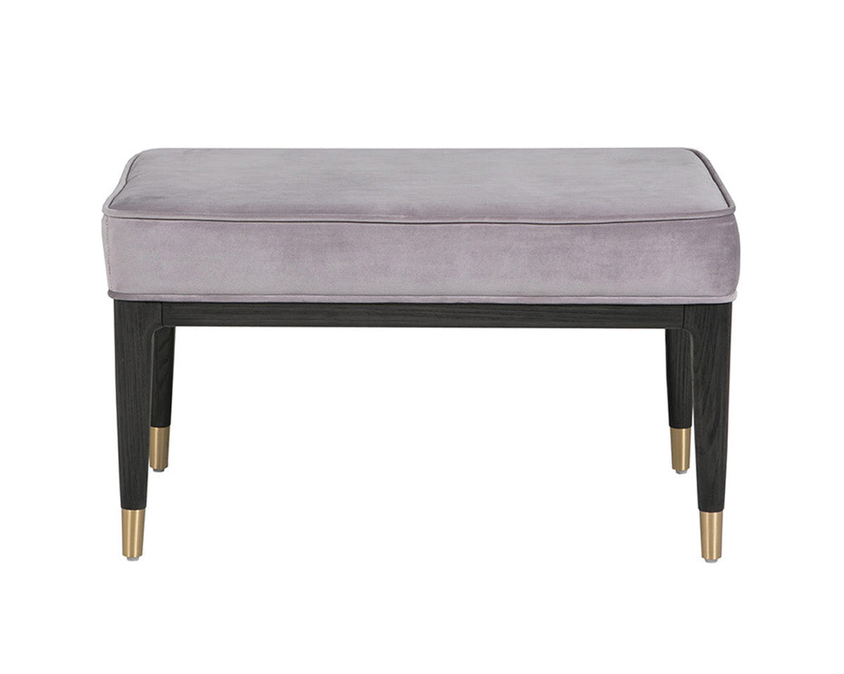Gray velvet bench with gold legs on a white background