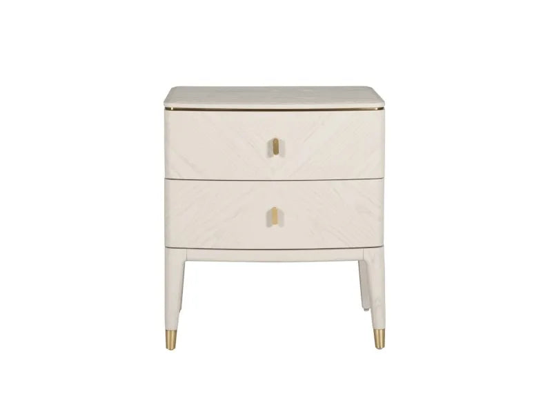 White nightstand with gold accents on a white background