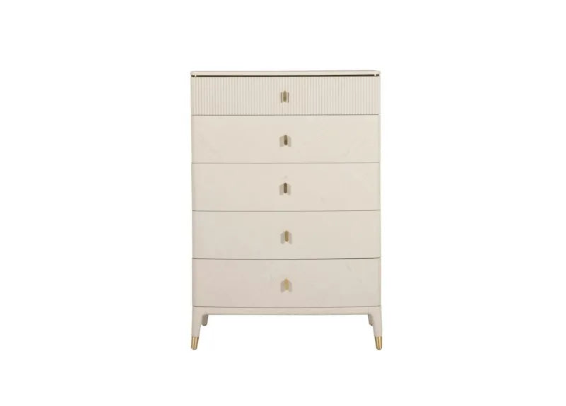 Beige chest of drawers with a textured surface on a white background