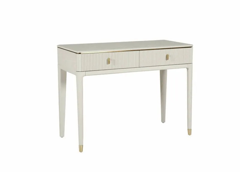 White console table with gold accents on a white background