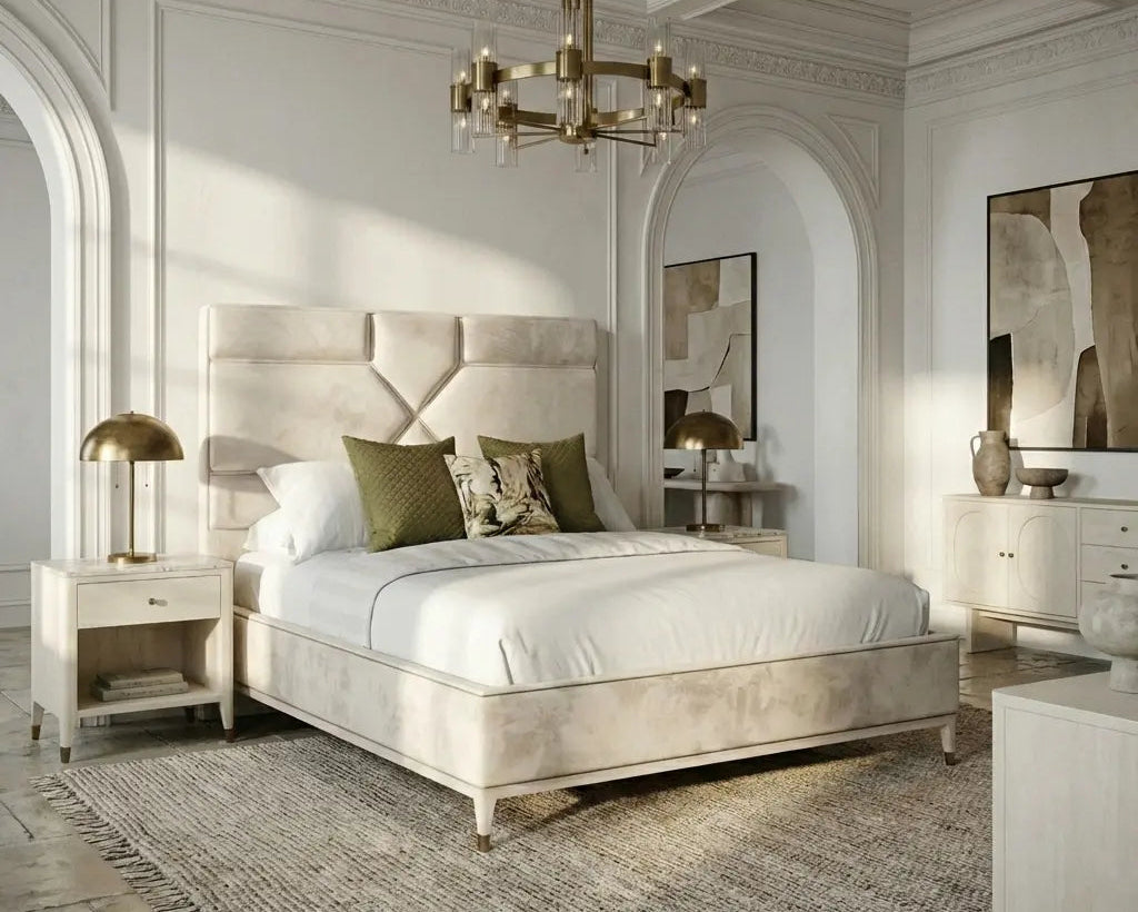 Luxurious bedroom with a large bed, nightstands, and a chandelier.