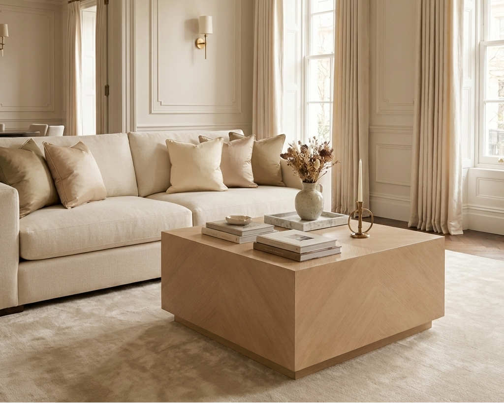 Luxurious living room with beige sofa, wooden coffee table, and decorative elements.