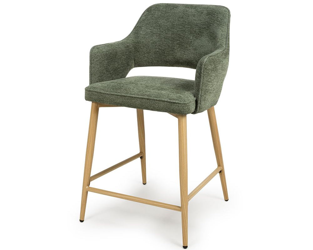 Green bar stool with gold legs on a white background