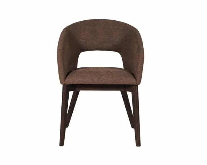 Front view of Luma dining chair in brown upholstery with dark wood legs