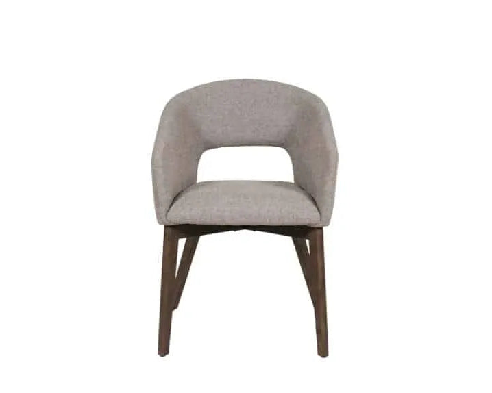 Front view of Luma dining chair in latte upholstery with dark wood legs