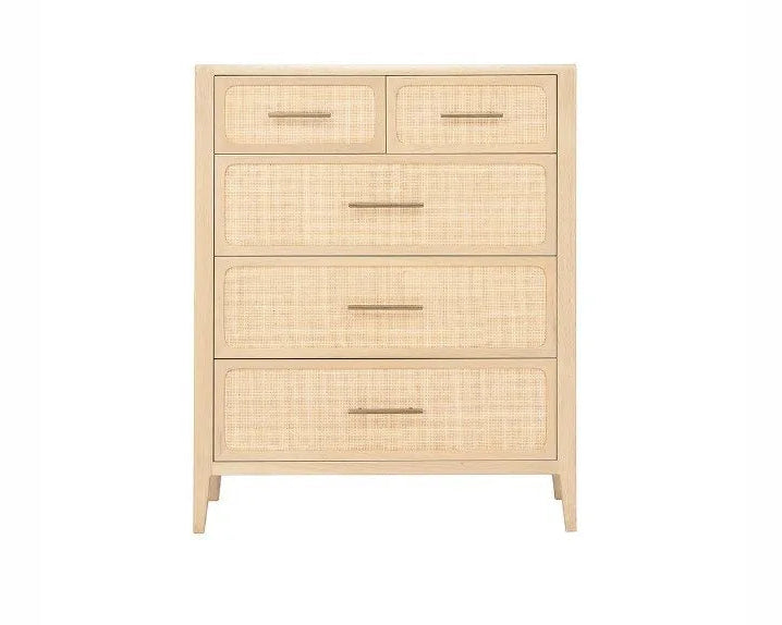 Beige rattan-style dresser with multiple drawers on a white background