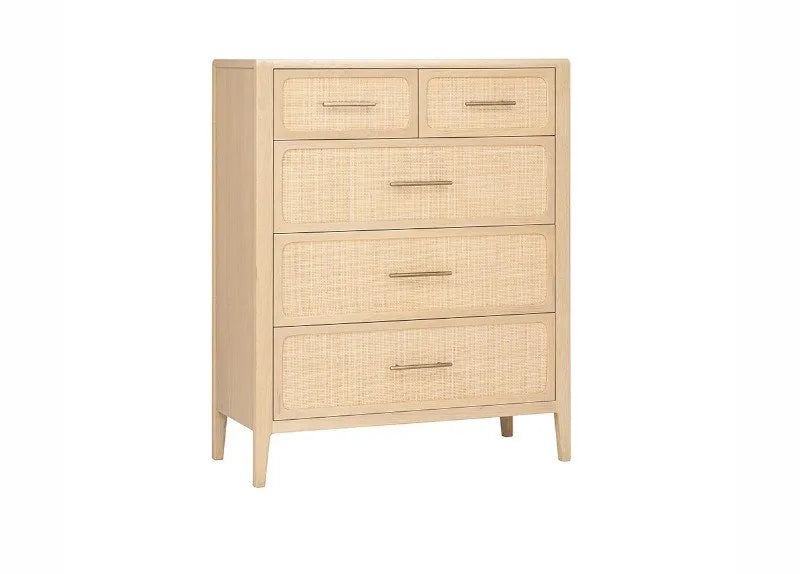 Beige dresser with multiple drawers on a white background