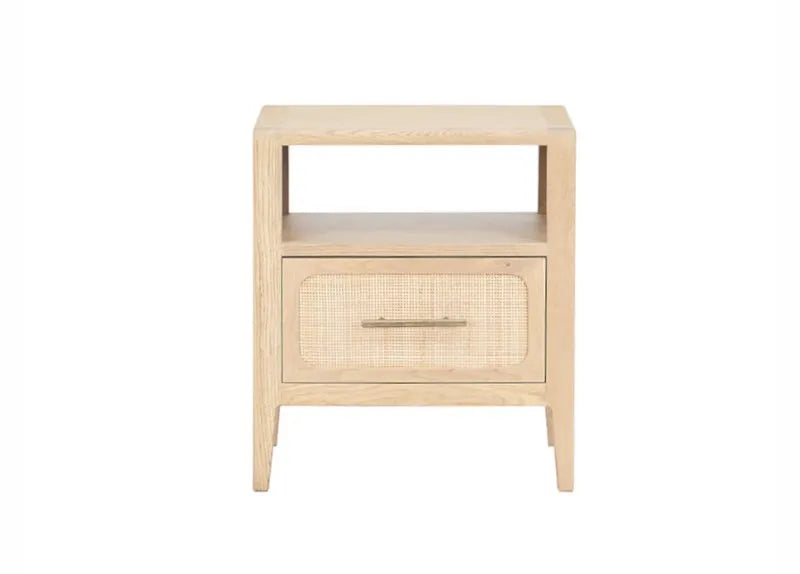 Beige nightstand with a drawer on a white background