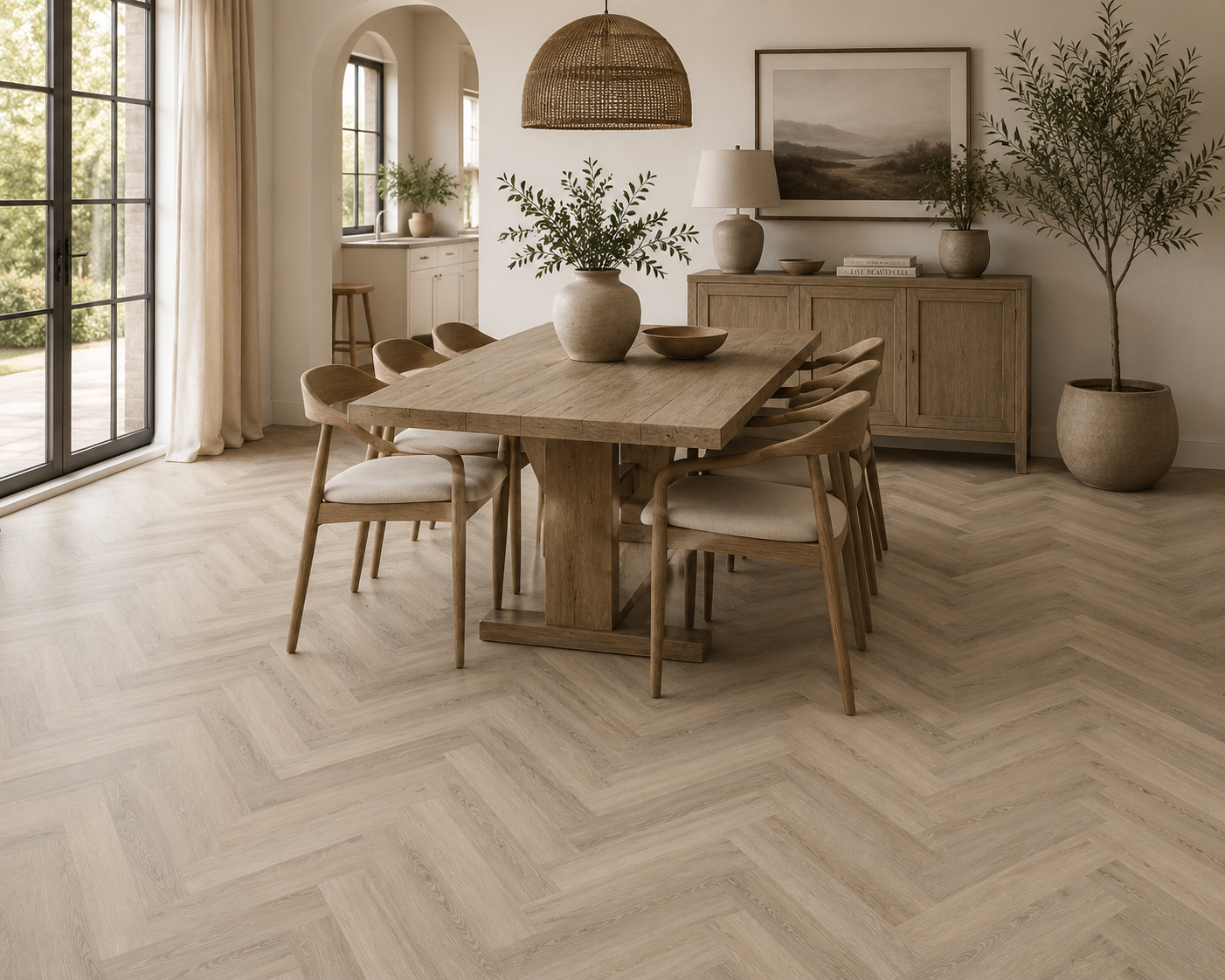 Light beige herringbone wood flooring in a modern, sunlit dining room featuring a wooden dining table, chairs, a sideboard, and potted plants.