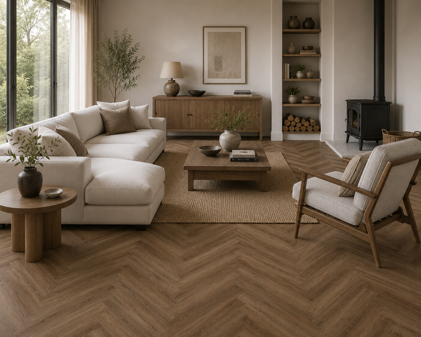 A styled living room interior featuring light natural wood herringbone flooring, a cream sectional sofa, a wooden coffee table, a woven area rug, and a single armchair.