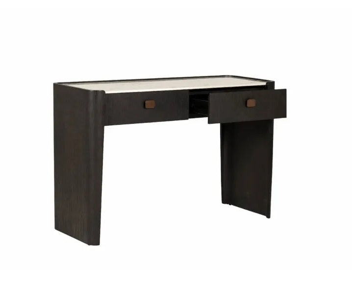 Black desk with a white top on a white background