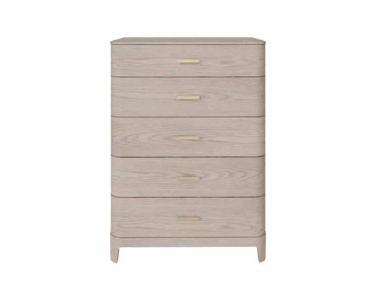 Wooden dresser with five drawers on a white background