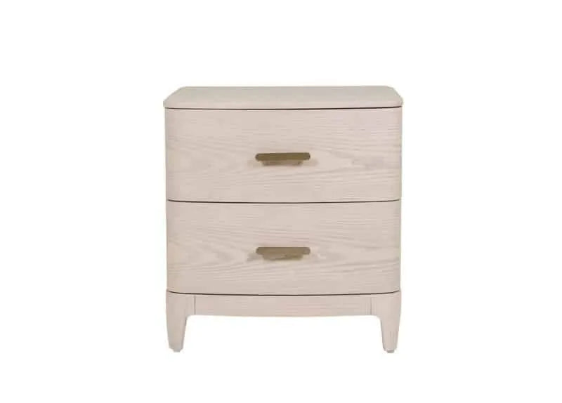 Beige nightstand with two drawers on a white background