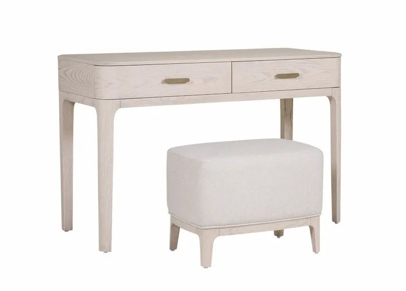 Light wood desk with two drawers and a matching ottoman on a white background