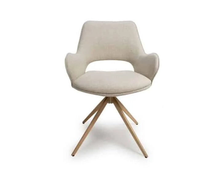 Front view of natural swivel dining chairs with curved arms