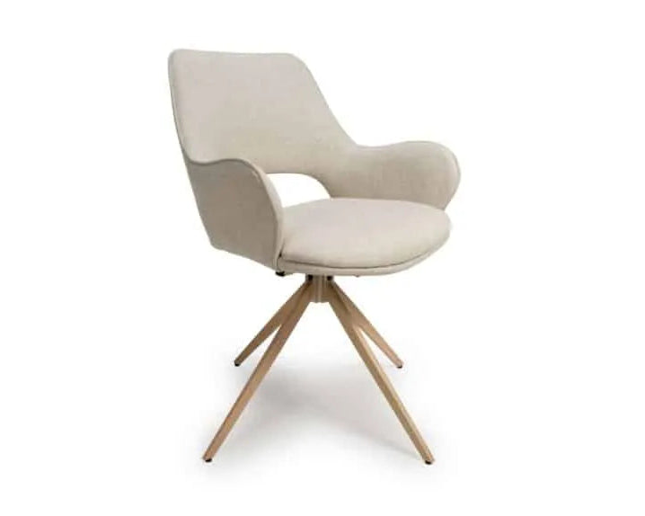 Alder swivel dining chairs in natural fabric with wood-effect metal base