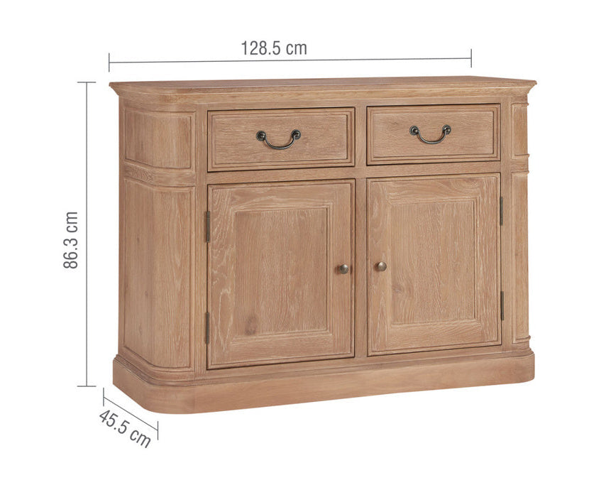 A light oak wood sideboard cabinet with two top drawers and two lower doors, shown with dimension lines and labels indicating 128.5 cm width, 86.