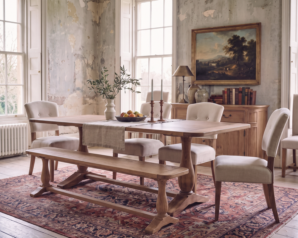 A rustic wooden dining table set in a vintage-style dining room with upholstered chairs, a matching bench, a patterned rug, and a sideboard with a landscape painting.