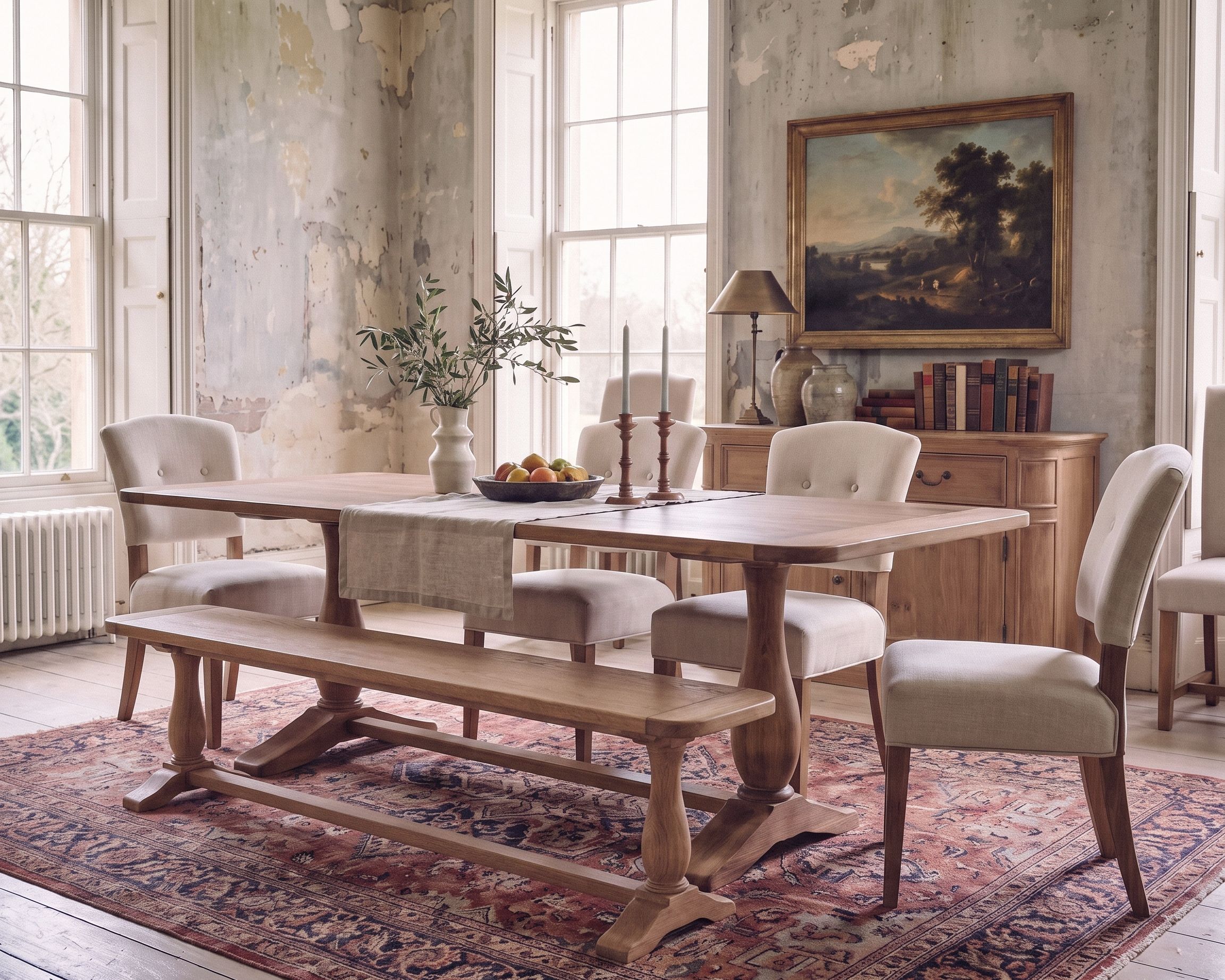 A rustic wooden dining table set in a vintage-style dining room with upholstered chairs, a matching bench, a patterned rug, and a sideboard with a landscape painting.
