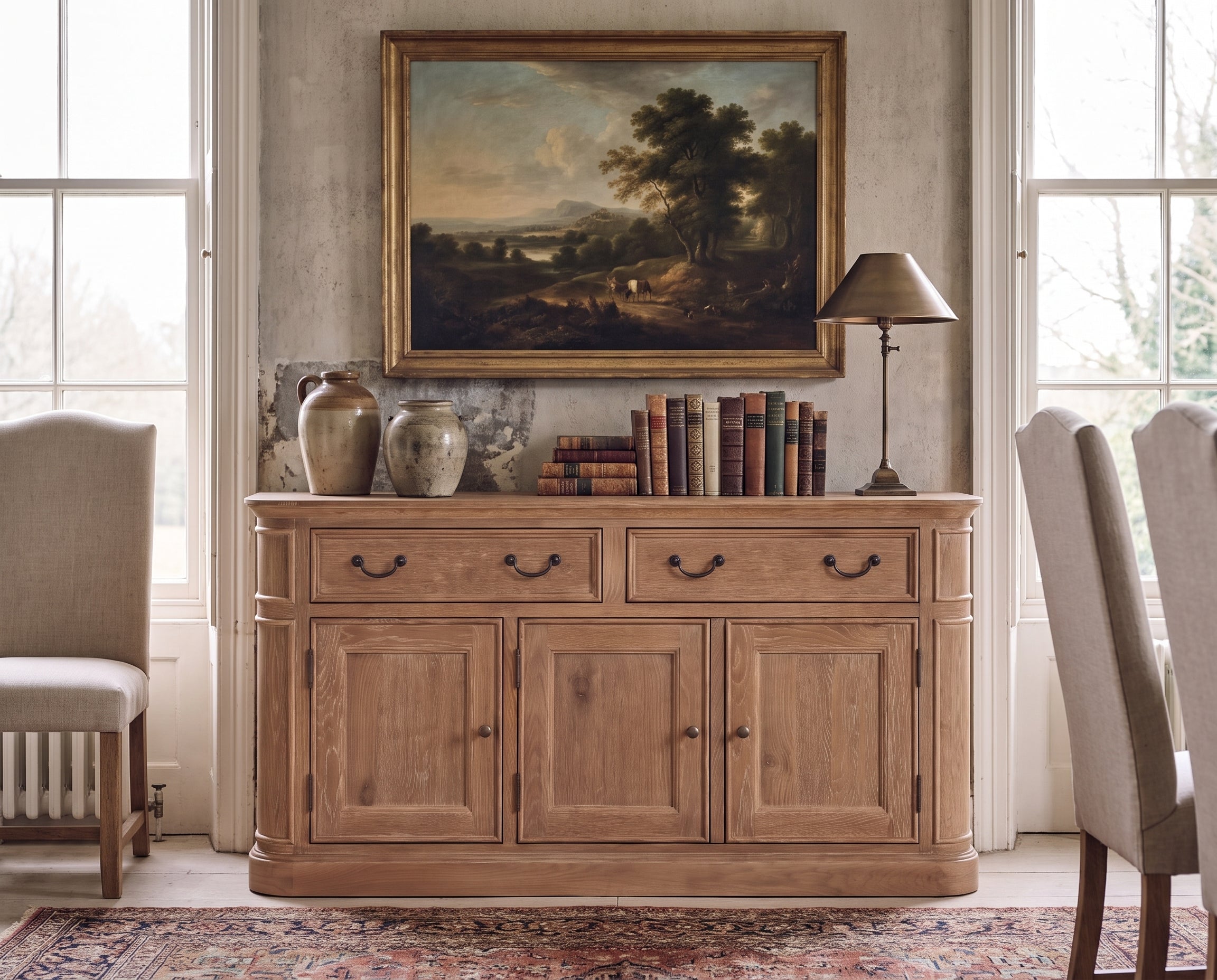 A light oak wood sideboard cabinet with three drawers and three cabinet doors, styled in a classic dining room setting under a framed landscape painting.