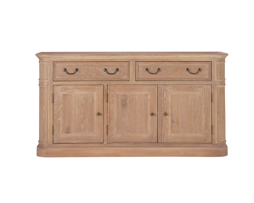 A light natural oak sideboard cabinet with two drawers on top and three paneled doors below, featuring dark metal pull handles, shown against a plain white background.