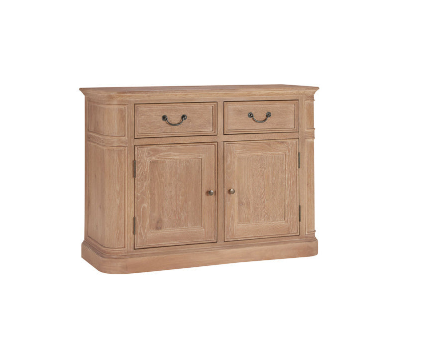 A light natural oak sideboard cabinet with two top drawers and two lower paneled doors, featuring dark metal handles and knobs, shown on a plain white background.