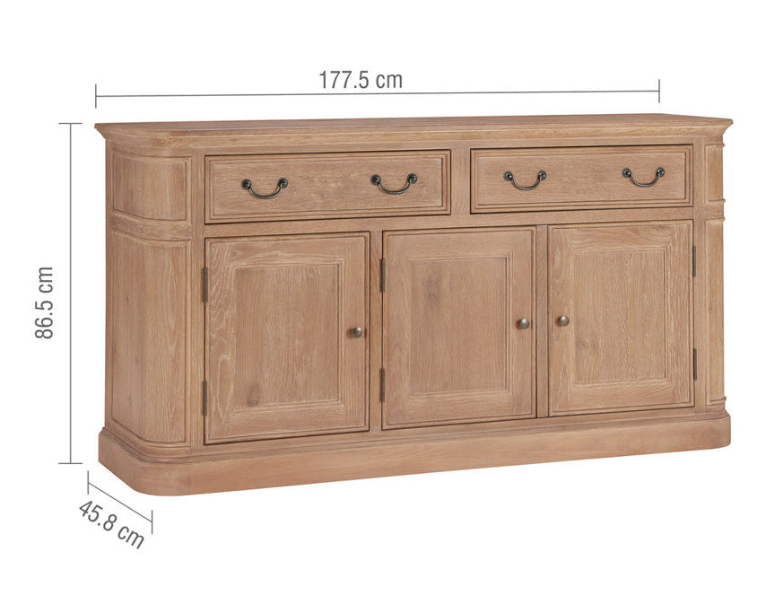 A light oak wood sideboard cabinet with two top drawers, three lower doors, and dark metal handles, shown with dimension lines indicating 177.5 cm width, 86.