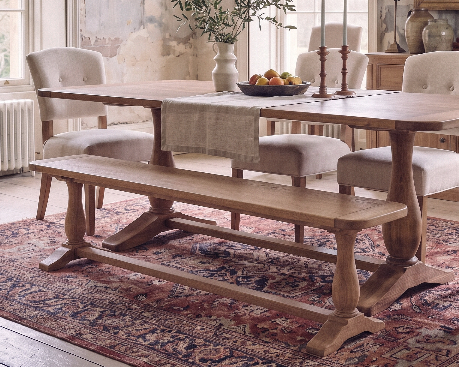 A rustic wooden dining table set in a vintage-style dining room with upholstered chairs, a matching bench, a patterned rug, and a sideboard with a landscape painting.