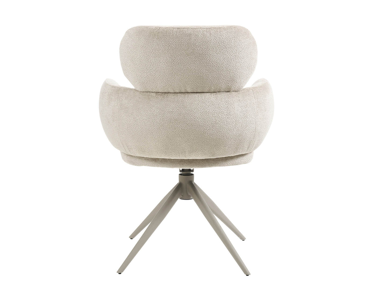 Rear view of Apollo beige swivel chair with metal swivel base