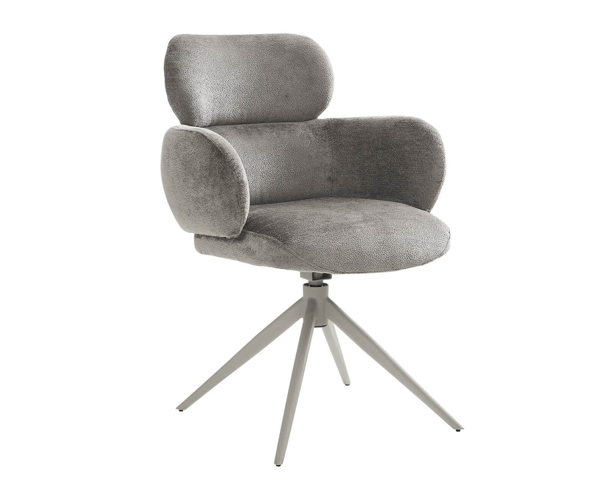 Apollo mocha swivel chair shown at an angle with curved arms and cushioned seat