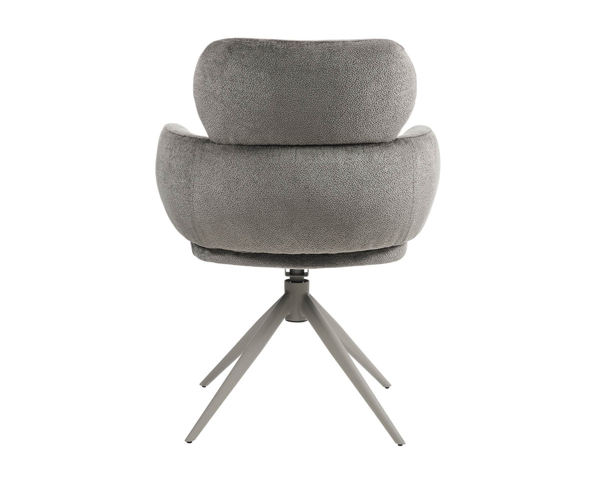 Rear view of Apollo mocha swivel chair with textured upholstery and metal swivel base