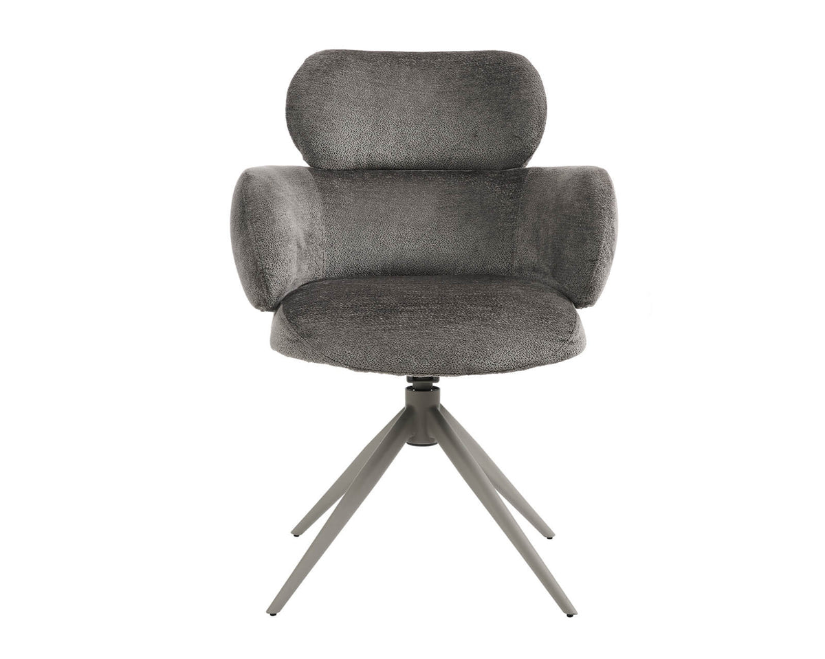 Apollo mocha swivel chair with curved arms and textured upholstery