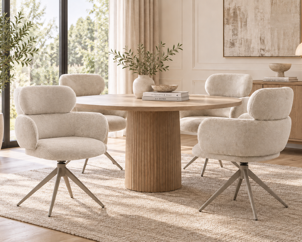 dining room setting of the apollo beige dining chair around an modern oak dining table 