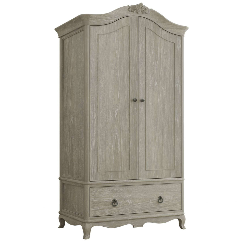 Wooden wardrobe with two doors and a drawer on a white background