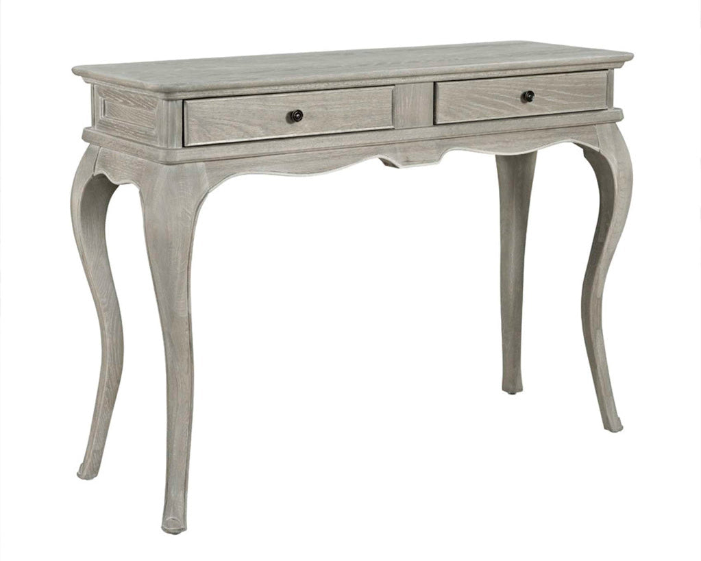 Wooden console table with three drawers on a white background