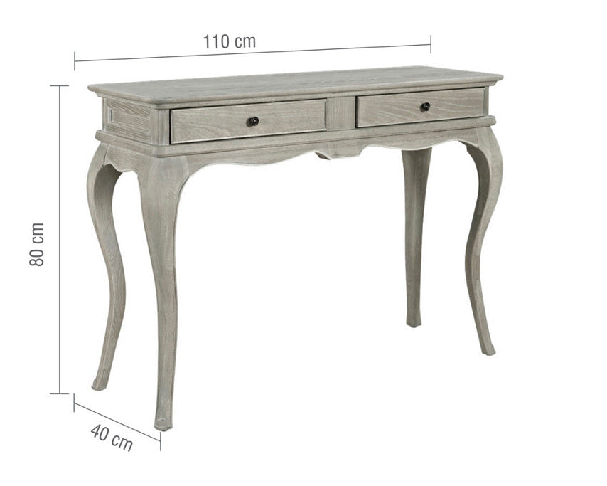 Wooden console table with dimensions on a white background