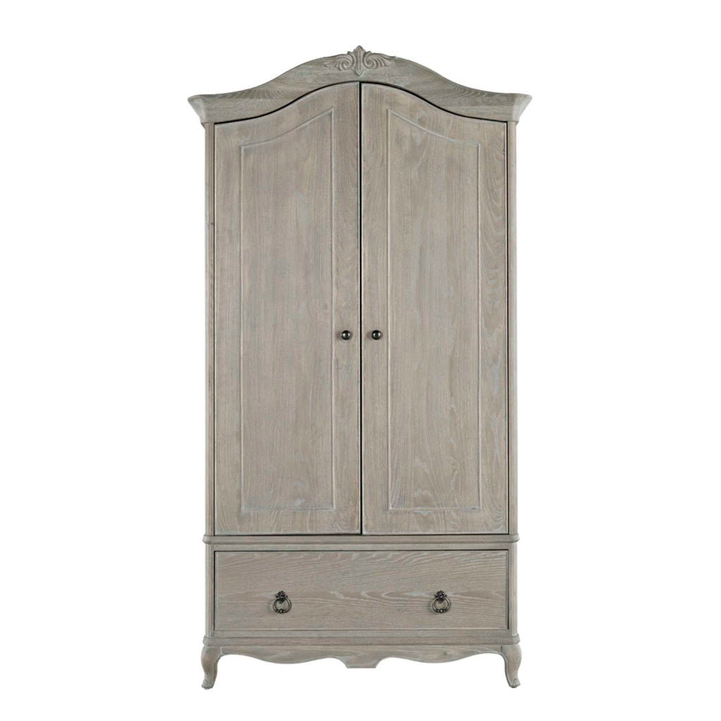 Wooden wardrobe with two doors and a drawer on a white background