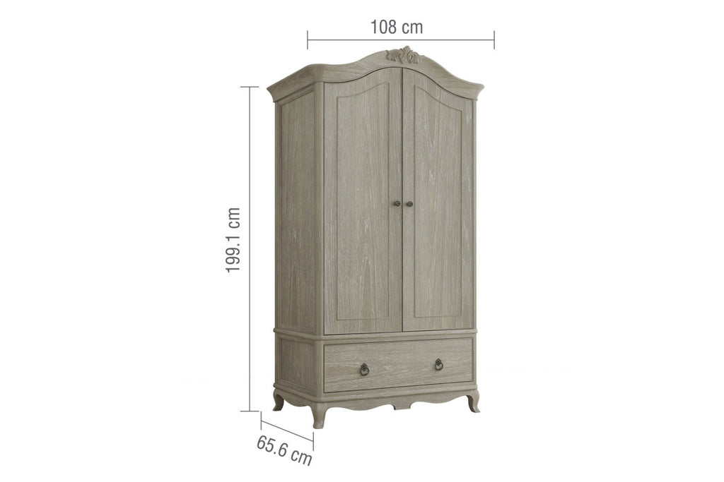 Gray wardrobe with dimensions on a white background