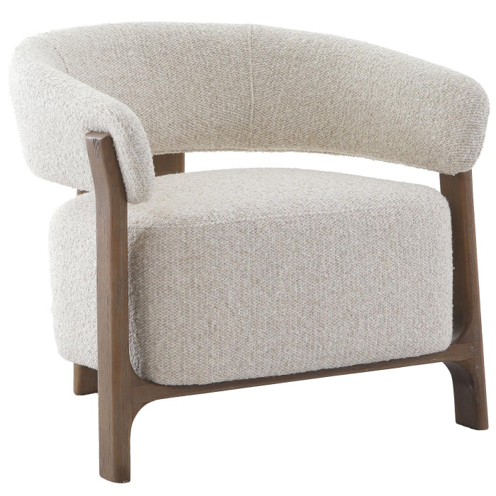 Beige armchair with wooden legs on a white background